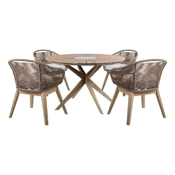 Siana Sesa 5pc Outdoor Dining Table Set- Round Brown Wood Top- 4 Rope Chairs