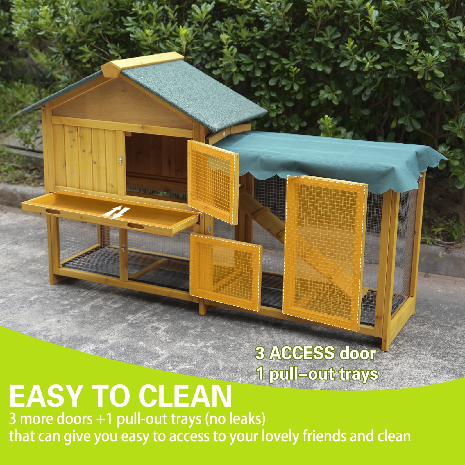 ZephyPaws 60" L Large Rabbit Hutch Outdoor Indoor,Expandable 2-Story Wooden Bunny Cage with Run,Removable Tray,Protection Cover,3 Entrances,Brown