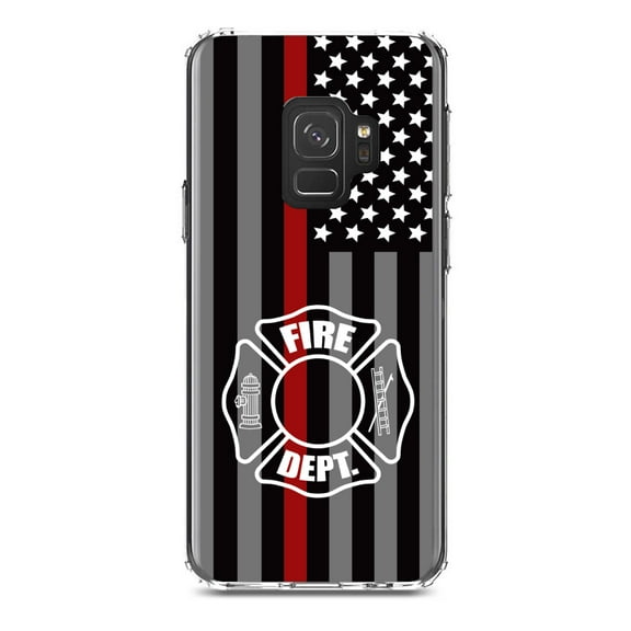 DistinctInk Clear Shockproof Hybrid Case for Samsung Galaxy S9 (5.8" Screen) - TPU Bumper, Acrylic Back, Tempered Glass Screen Protector - FD Thin Red Line Maltese Cross - First Responders