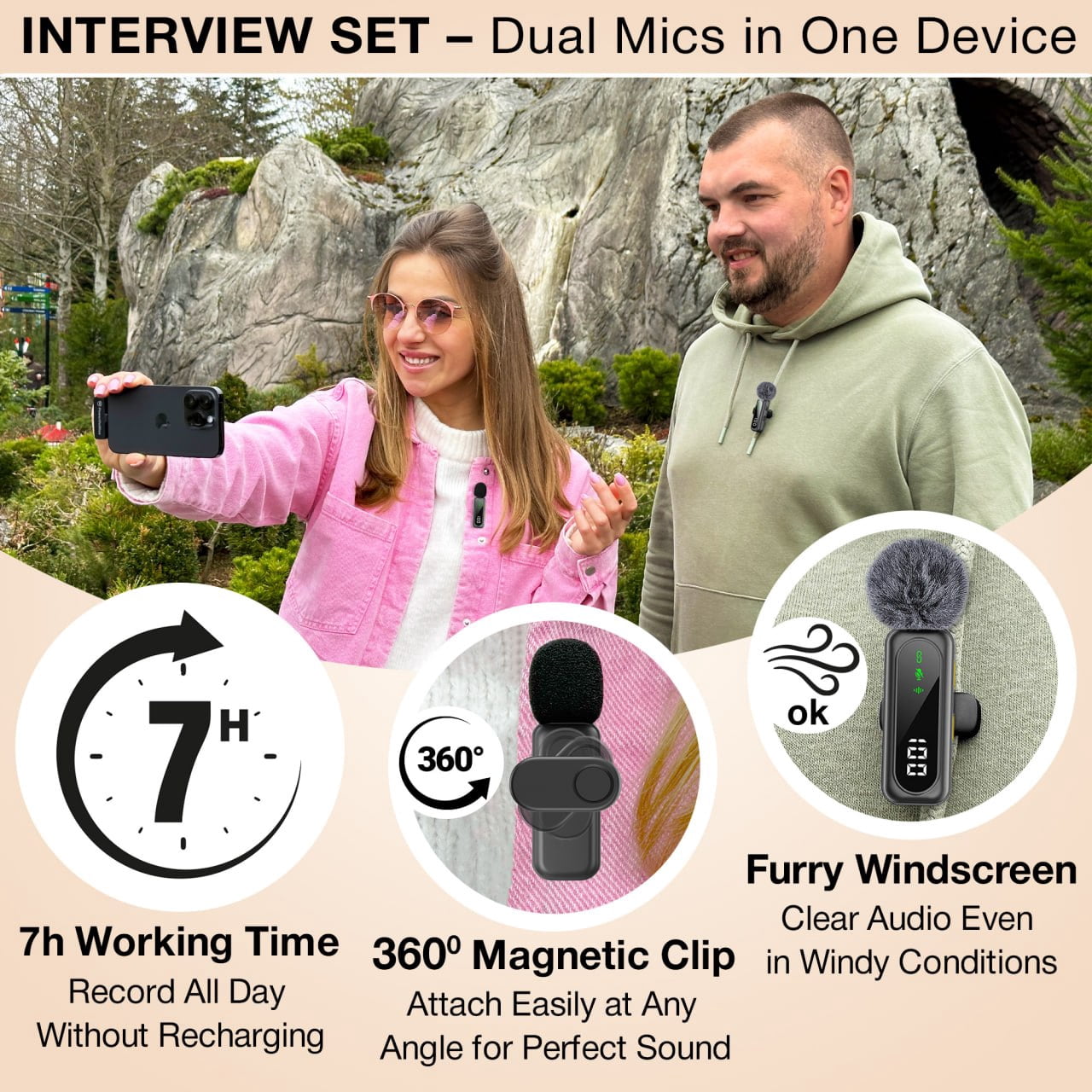 Wireless Lavalier Microphone for iPhone Mini Mic Android/Tablet/PC Video Recording Clip-on Mics with Rotatable Clip&Denoise Recording, Ideal for Vlog Tiktok Youtube Podcast Content Creator