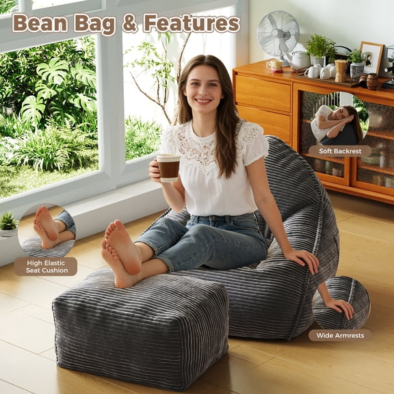 JARCLIC Large Bean Bag Chair with Ottoman, Stuffed Big Accent Sofa Lounge Floor Sofa for Reading, Shell-Shaped Bean Bag Couch for Adults and Kids (Gray)