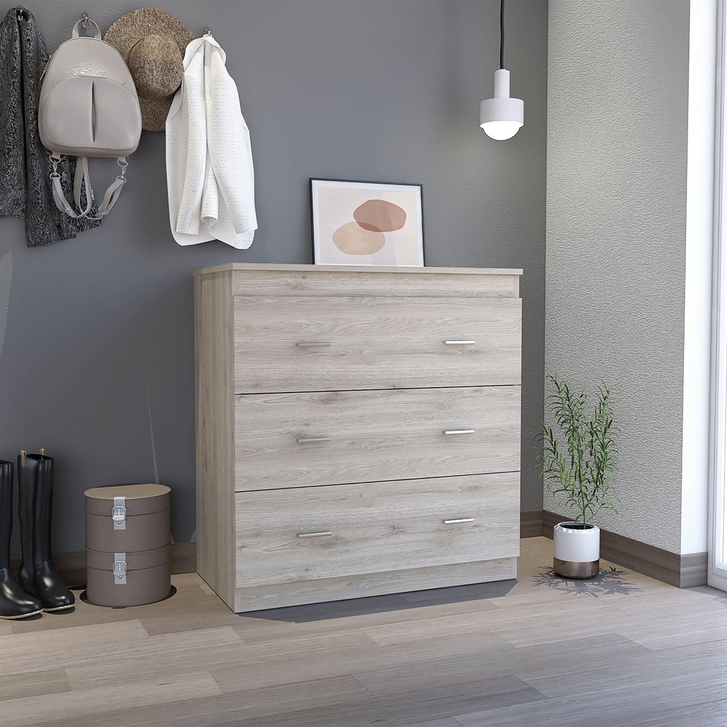 Kadyn Three Drawer Dresser, Nightstand with Handles, Chest of Drawers for Bedroom, Light Gray Kadyn Three Drawer Dresser, Nightstand with Handles, Chest of Drawers for Bedroom, Light Gray