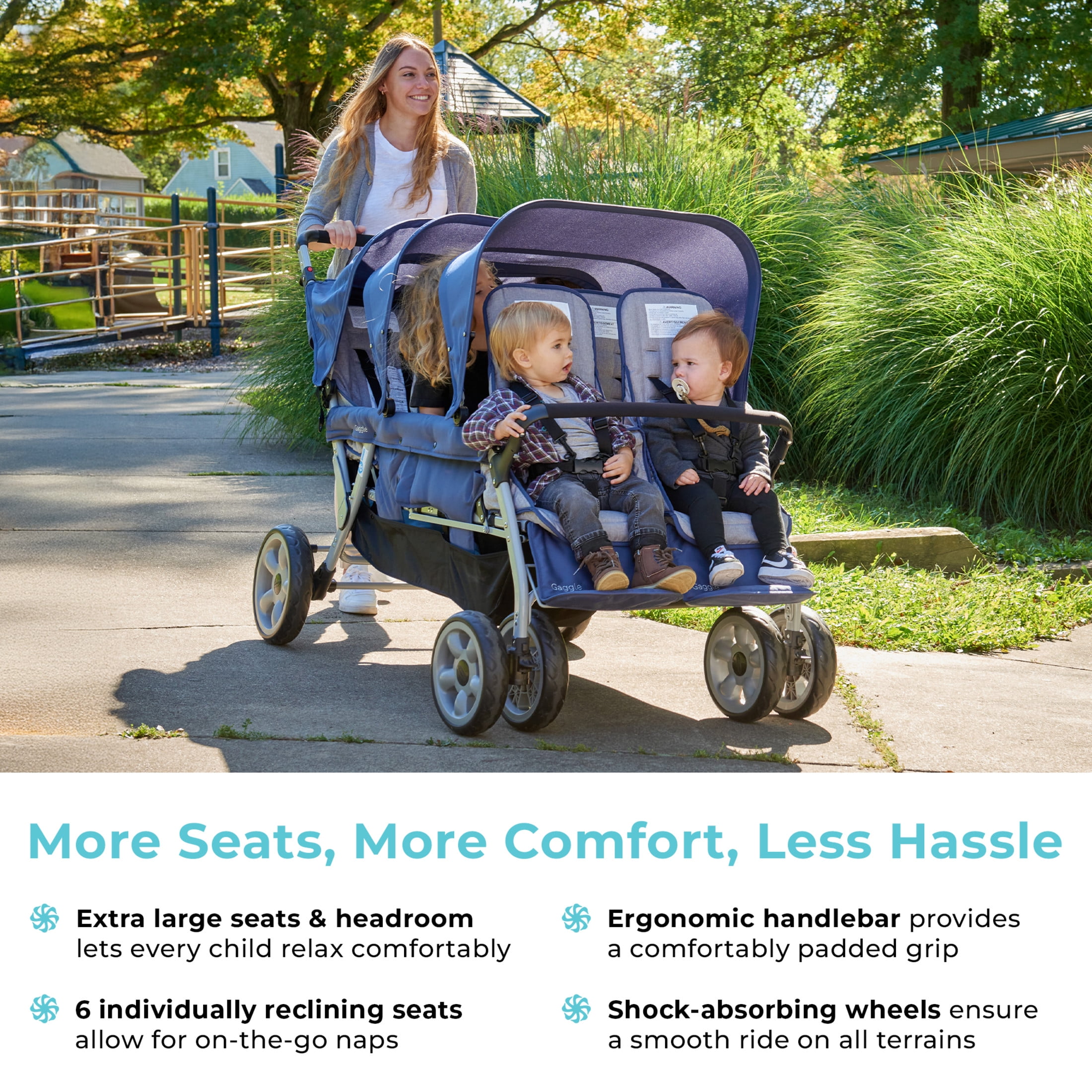 Foundations Gaggle Jamboree 6-Seat Folding Daycare Stroller with Canopies, Reclining Seats, Navy/Gray
