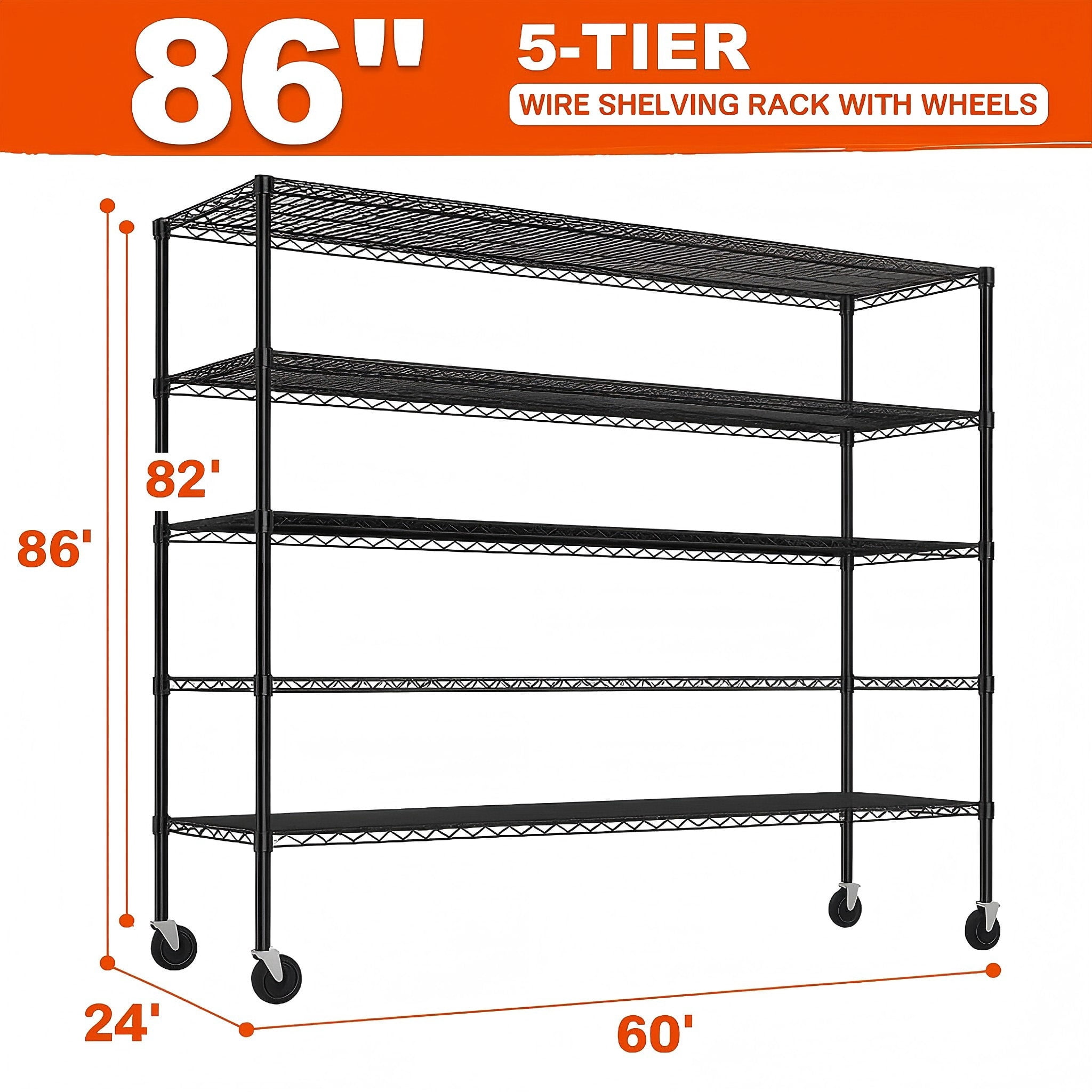 Sailvan 5-Tier Heavy Duty Metal Storage Rack, 60"W x 24"D x 82"H, 2400LBS Capacity Adjustable Wire Shelving Unit with Wheels for Garage Pantry,Black