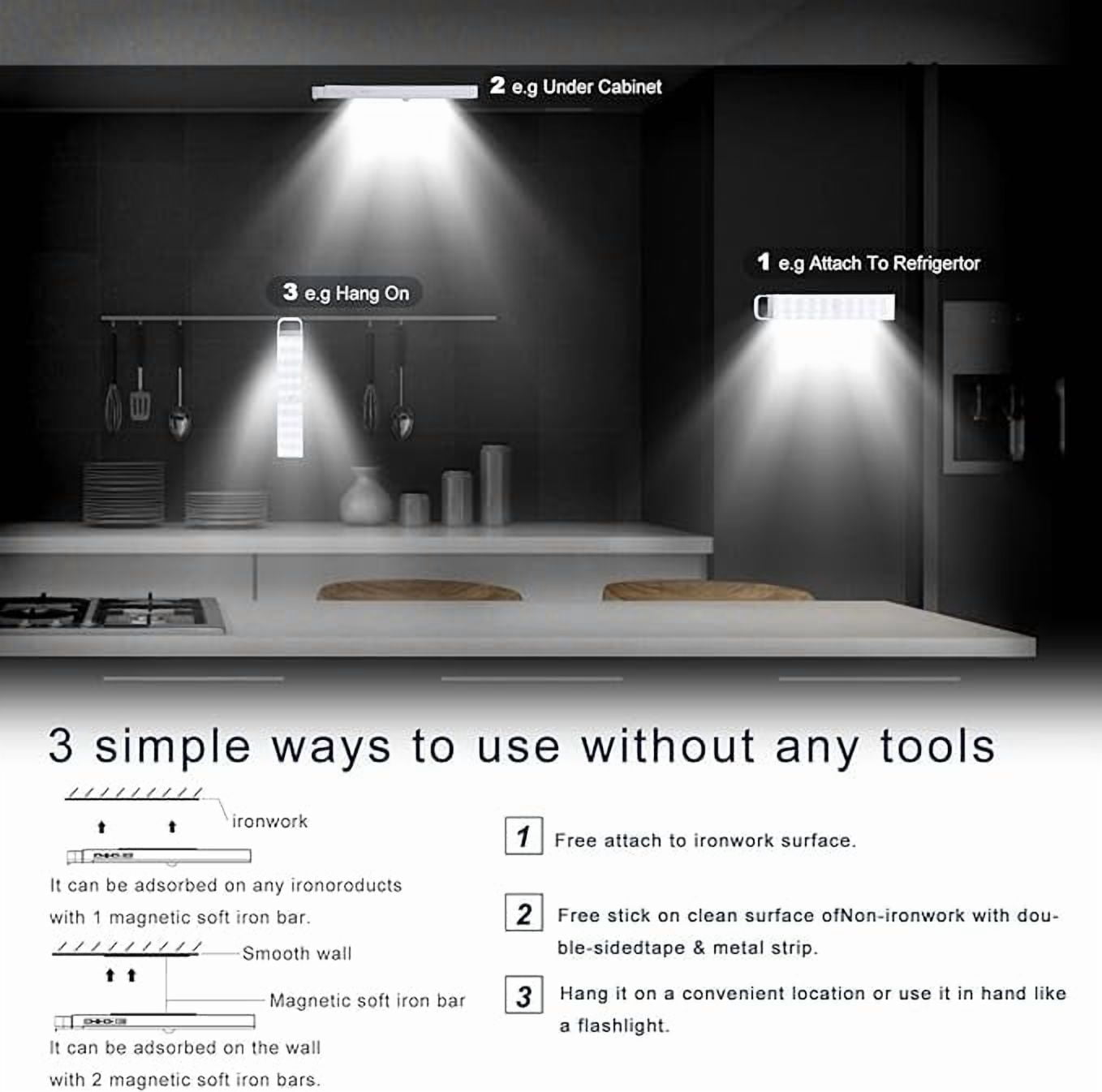 Yifeid Motion Sensor Closet Lights, Wireless 60 LED Under Cabinet Lights USB Rechargeable Kitchen Cupboard Lights with Magnetic Strip and Hook Auto on/off Night Light for Wardrobe Hallway Closet