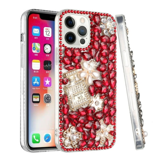 For Apple iPhone 15 (6.1") Bling Crystal 3D Full Diamonds Luxury Sparkle Rhinestone Hybrid Protective Cover ,Xpm Phone Case [ Red Pearl Flowers Perfume ]