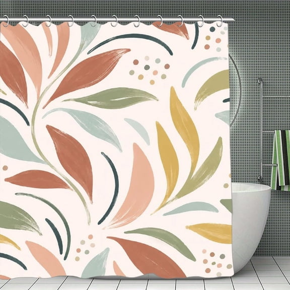 Earthy Brushstroke Leaves Print Shower Curtain,Cloth Fabric Waterproof Polyester Bathroom Home Decor Set with Hooks 70.8×70.8Inch