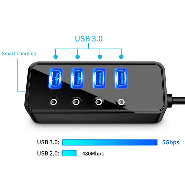 Hub USB 3.0 à 11 Ports, WENTER 36W Hub USB Alimenté, Multi USB avec 7 Ports  Transfert de données 5Gbps et 4 Ports Charge Rapide 12V/3A, LED  Interrupteur Indépendant et Adaptateur Alimentation 
