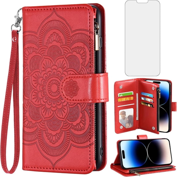 Phone Case for iPhone 14 Pro Max 6.7 inch Wallet Cover with Tempered Glass Screen Protector and Flip Credit Card Holder Cell iPhone14promax 5G i Phone14Max Plus iPhone14 ProMax Women Men Red