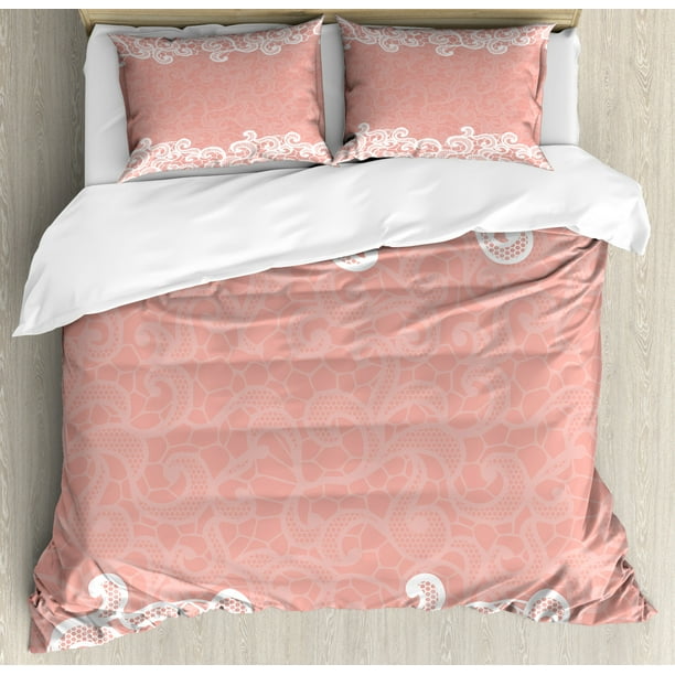 Peach Duvet Cover Set Lace Design On Soft Colored Background