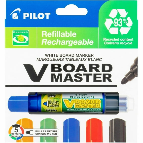 Pilot Be Green V Board Master Dry Erase Markers, Bullet Tip, Assorted Colors, 5 Pack
