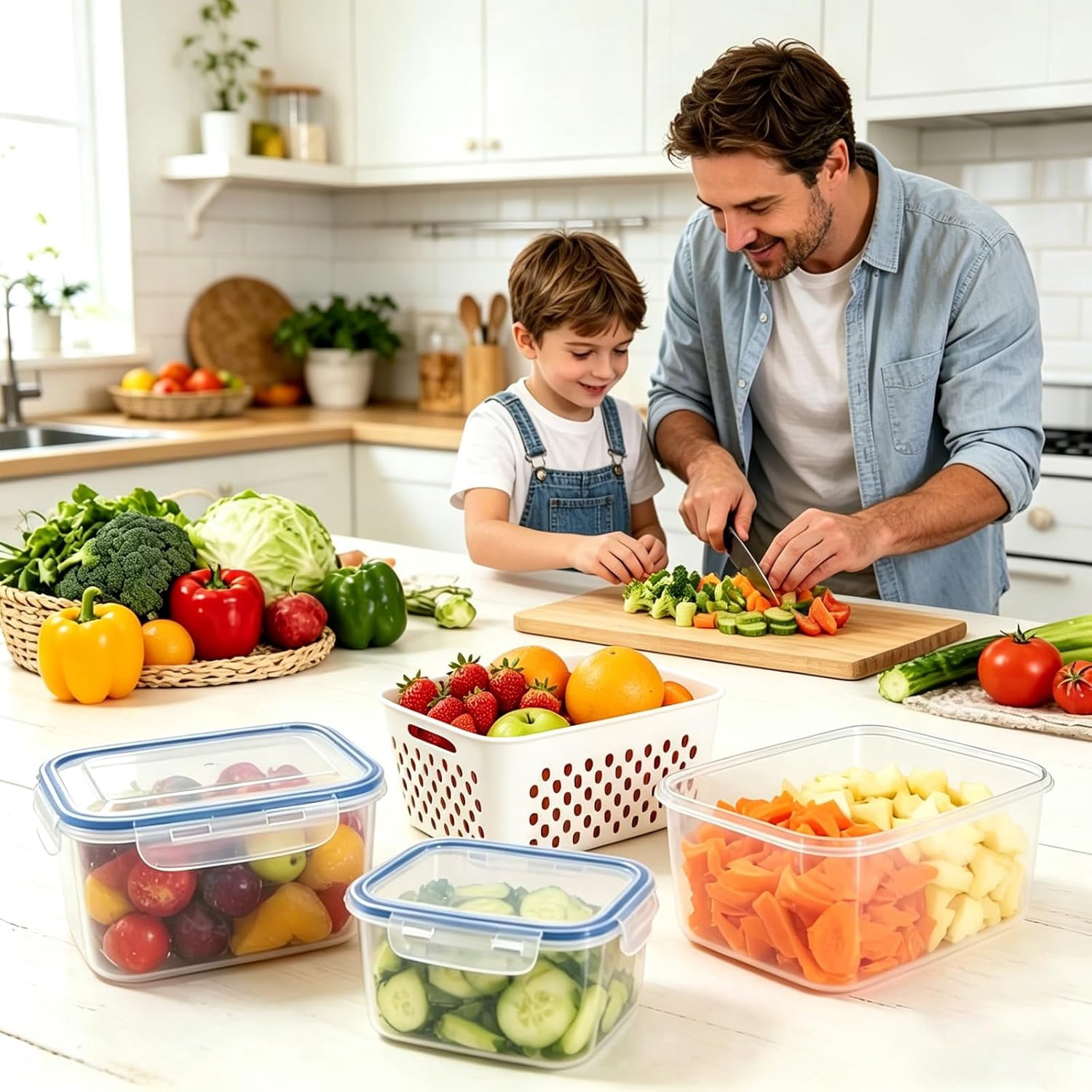 3PCS Fruit Storage Containers for Fridge with Removable Colander, 4 in 1 Airtight Food Storage Containers, Dishwasher & Microwave Safe Produce Containers, Keep Fruits, Vegetables Fresh Longer