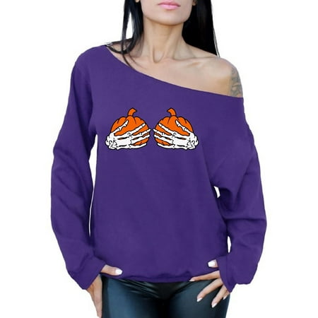 Awkward Styles Pumpkin Skeleton Hands Off Shoulder Sweatshirt Sexy Women's Oversized Sweater for Halloween Funny Halloween Outfit Skeleton Hands Sweatshirt for Women Day of the Dead Gifts for Her