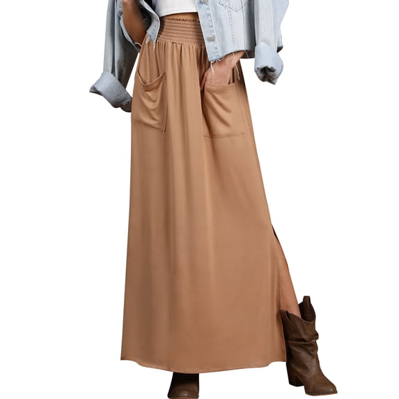 Doublju Women's Smocking Waist Detailed Maxi Slit Skirt With Pocket