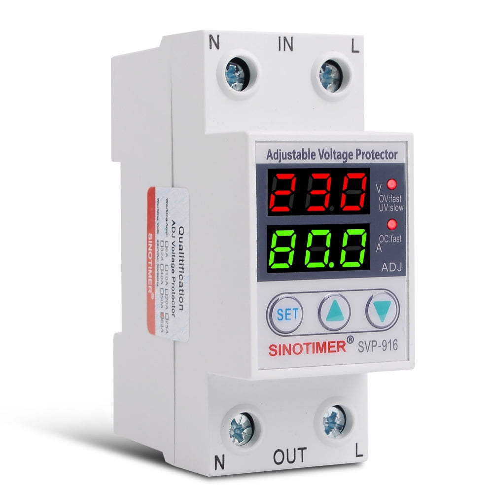 Adjustable Over and Under Voltage Protector,SVP-916 40A 63A 80A Over Under Voltage Protection Limit Current Dual Display Surge Protector Automatic Adjustable Voltage Relay