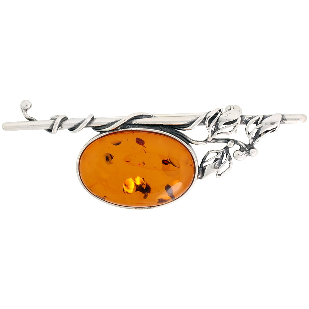 Sterling Silver Oval Russian Baltic Amber Brooch Pin with Vine Accents, 2 7 16 inch wide by WorldJewels