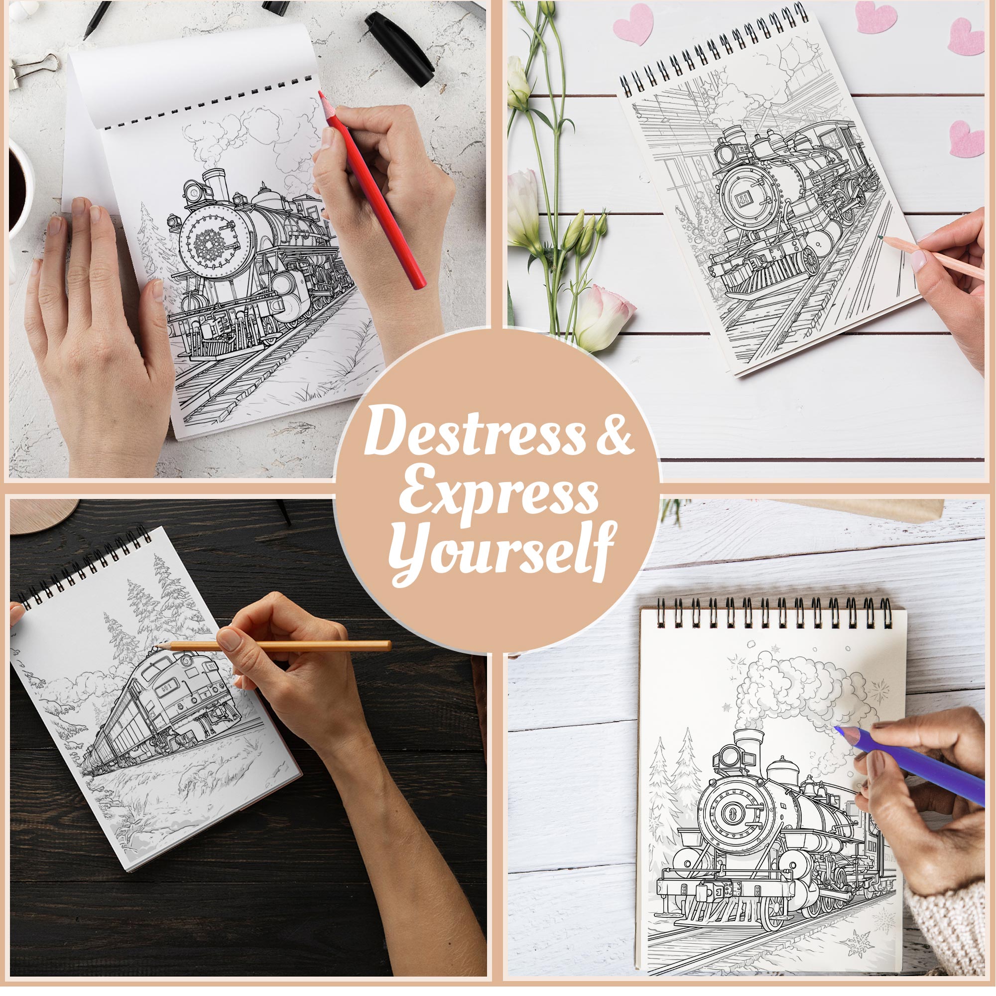Netecom Christmas Train Coloring Book Spiral Bound For Adults, A5 Wooden Cover, 30 Delightful Coloring Pages of Christmas Trains in Winter Landscapes for Stress Relief and Relaxation