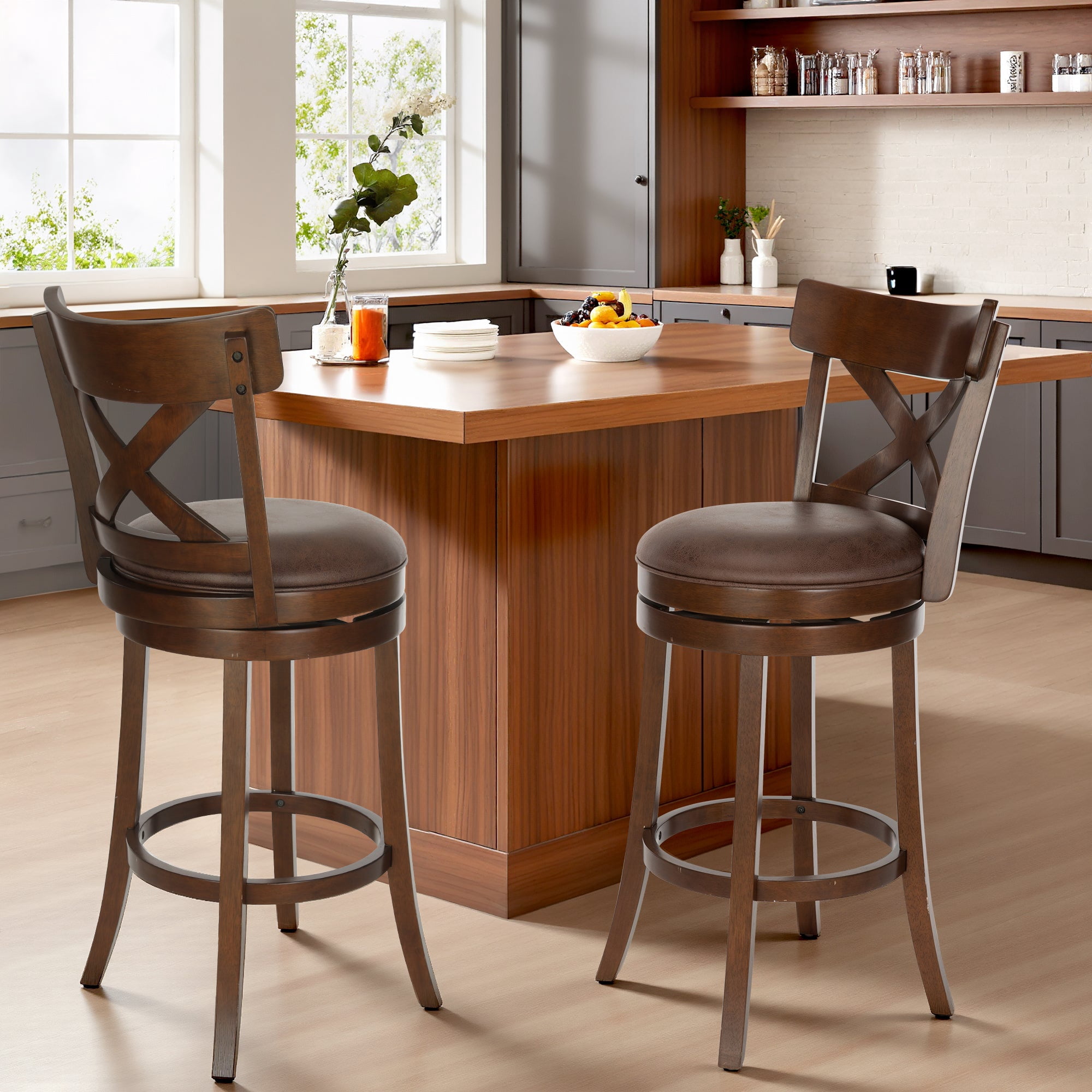 Sophia & William 30" Swivel Bar Stools, Set of 2 Faux Leather Barstools with Cross Back Durable Wood Frame Padded Counter Height Stools for Kitchen Island,Brown