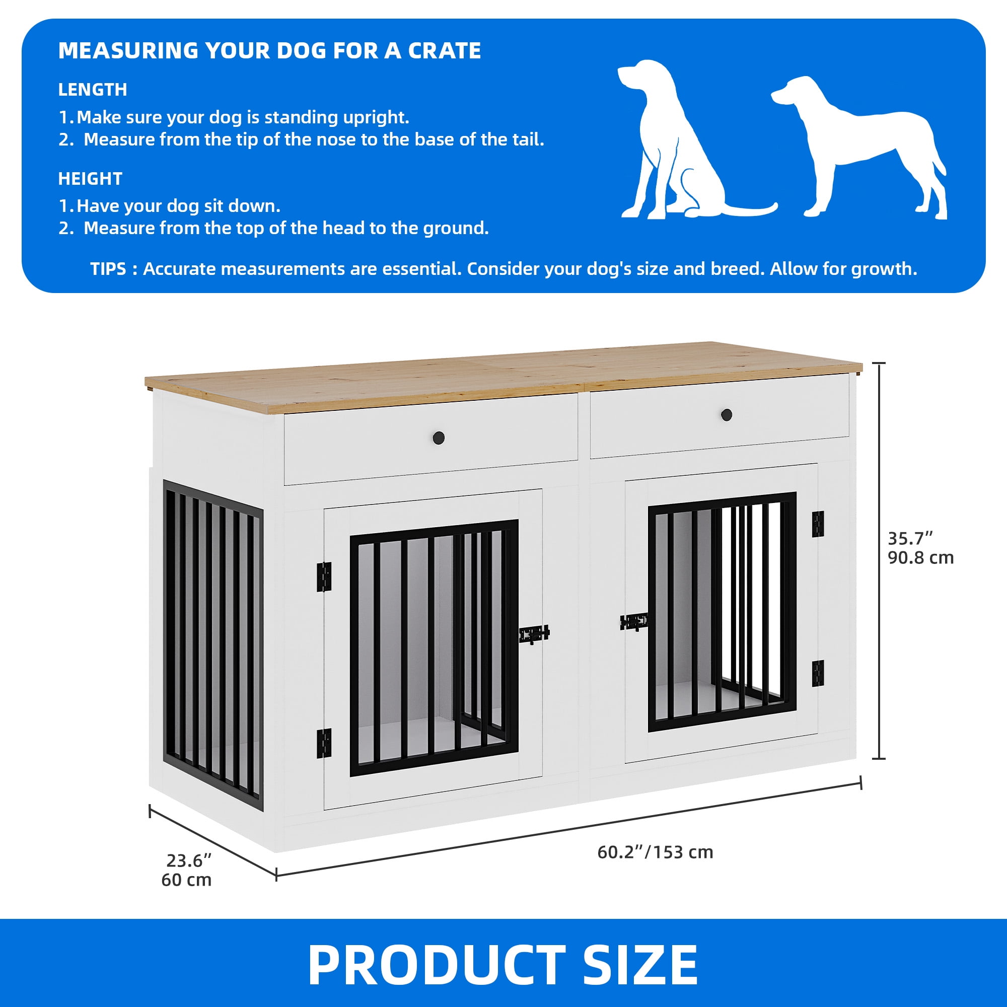 Dextrus 60" Large Double Door Dog Crate Furniture with Locks, Indoor Dog Cage Table with Removable Divider & 2 Storage Drawers, White