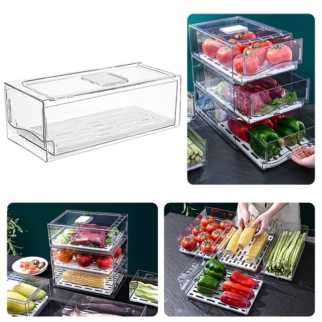 organizador refrigerador apilable cubos caja almacenamiento con bandeja drenaje reutilizable para alimento carne caja transparente de plástico, vista 3/4 frontal, forma rectangular apilable con tapa y base ventilada con ranuras de drenaje; mostrada con tomates, carne y pimientos para organización en refrigerador; a menudo usada también para separar alimentos al almacenar.