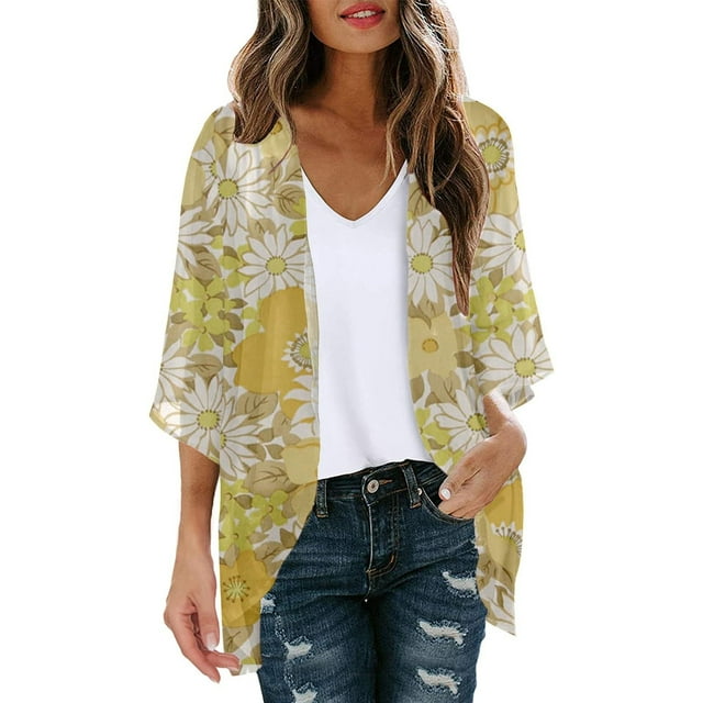 Hauts d'Été pour Femmes Tendance Cardigan à Manches Bouffantes Imprimé Floral d'Été Blouse Décontractée Ample Hauts Tendance d'Été Manches Bouffantes pour Femmes