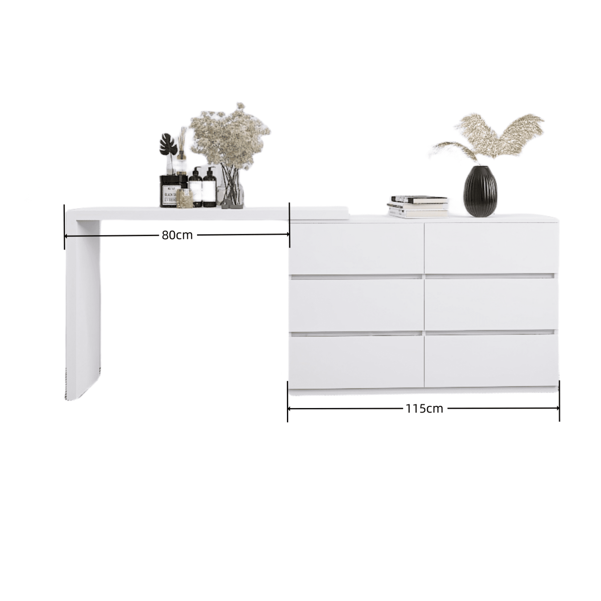 Leumius 6-Drawer Dresser,Extended Desktop Chest of Drawers,Handle-Free White Vanity with Rotatable Table Top for Bedroom/Living Room,White