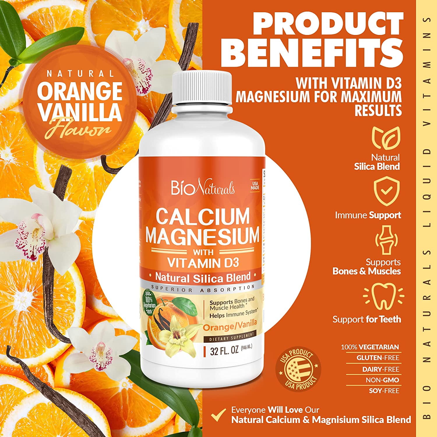Bio Naturals Calcium & Magnesium Liquid Supplement with Vitamin D3 - Natural Formula, FOUR Types of Calcium Supports Strong Bones with Superior Absorption to Pills - 100% Vegetarian - 3