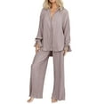 thumbnail image 2 of Baqcunre Sweatpants Women Women 2 Piece Outfits Long Sleeve Loose Fit Button Down Shirts Blouses Tops Wide Leg Long Pants Sets Workout Sets For Women Womens Pants Grey S, 2 of 8