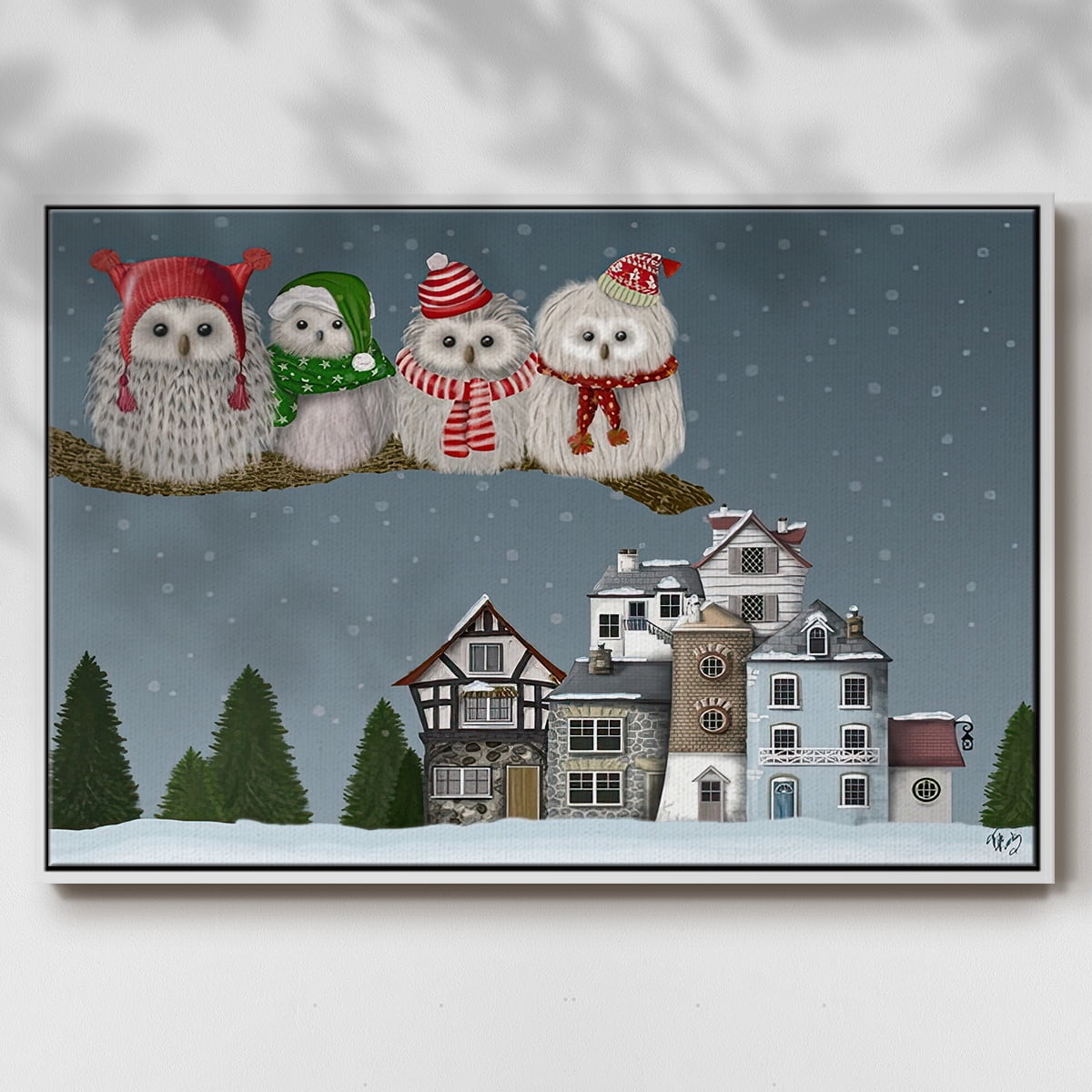 Christmas Christmas Owl Village - Framed Gallery Wrapped Holiday Canvas - 25 x 37 - White Frame