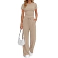 thumbnail image 5 of Sundazz 2 Piece Sets for Women Summer Lounge Set Ruched Top and Wide Leg Pants Matching Set Fashion Vacation Travel Outfits Clothes,Khaki,S, 5 of 8