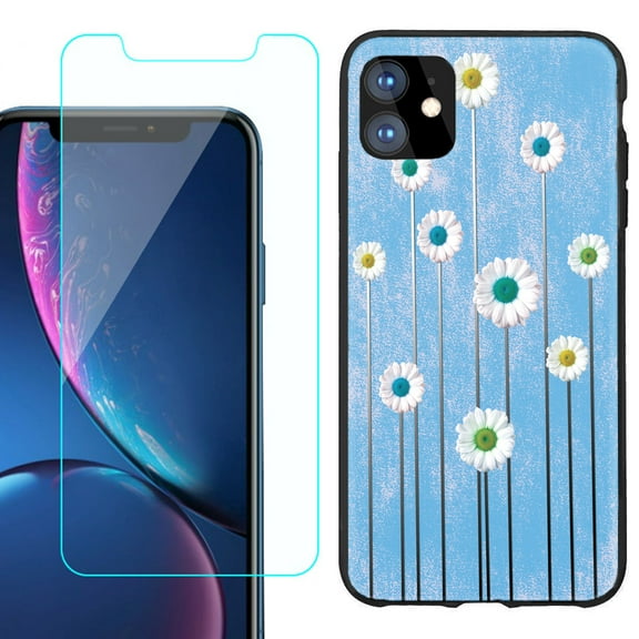 For Apple iPhone 11 Phone Case , Slim-Fit TPU Protective Case (Black), with Tempered Glass Screen Protector, by OneToughShield ® - Daisy Sky