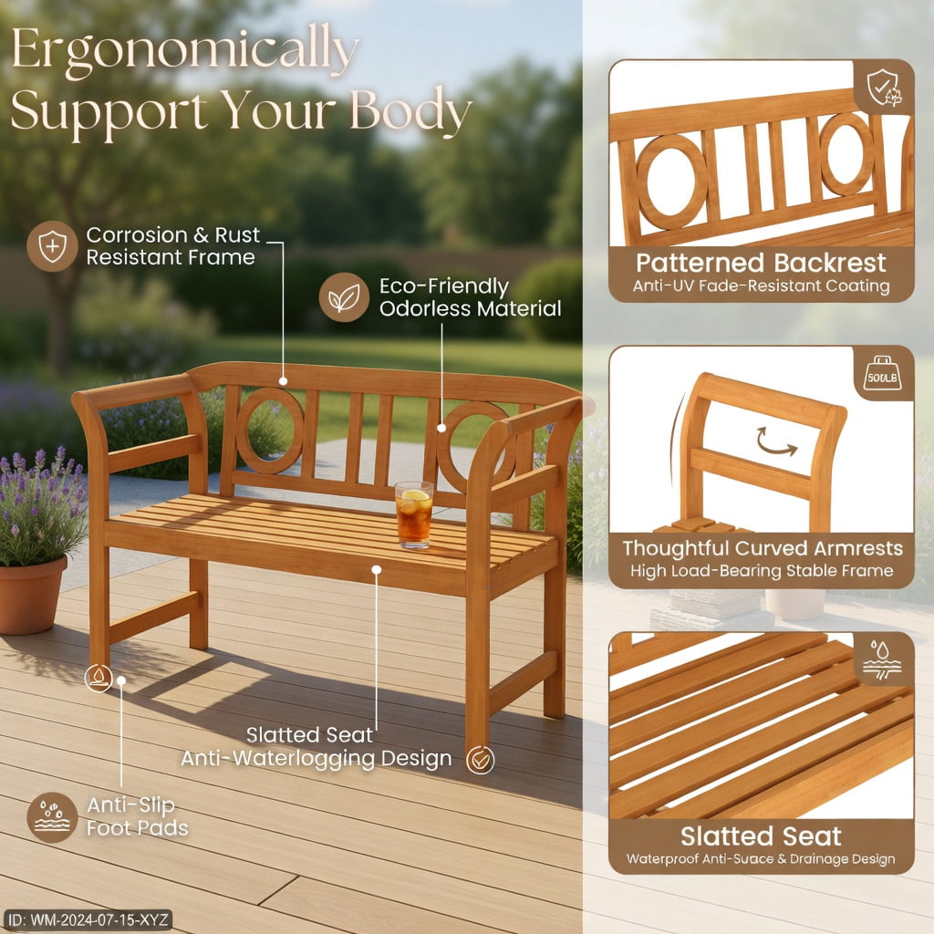 Hommoo Acacia Wood Outdoor Loveseat for 2, Sturdy Patio Bench with Backrest & Armrests, Natural