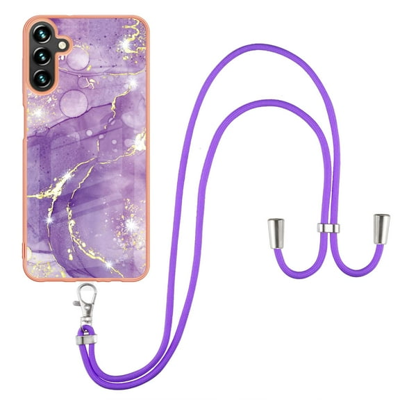 SaniMore for Samsung Galaxy A35 Case with Detachable Crossbody Lanyard Shockproof TPU Backplane Marble Pattern Luxury Fashion Anti-drop Slim Lightweight Cover, Darkpurple