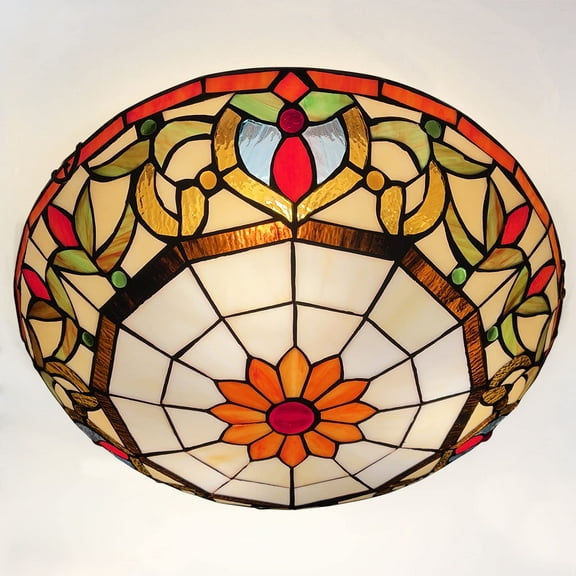 Vinplus Tiffany 3 Light Flush Mount Ceiling Light 16" White Finish with Tiffany Glass
