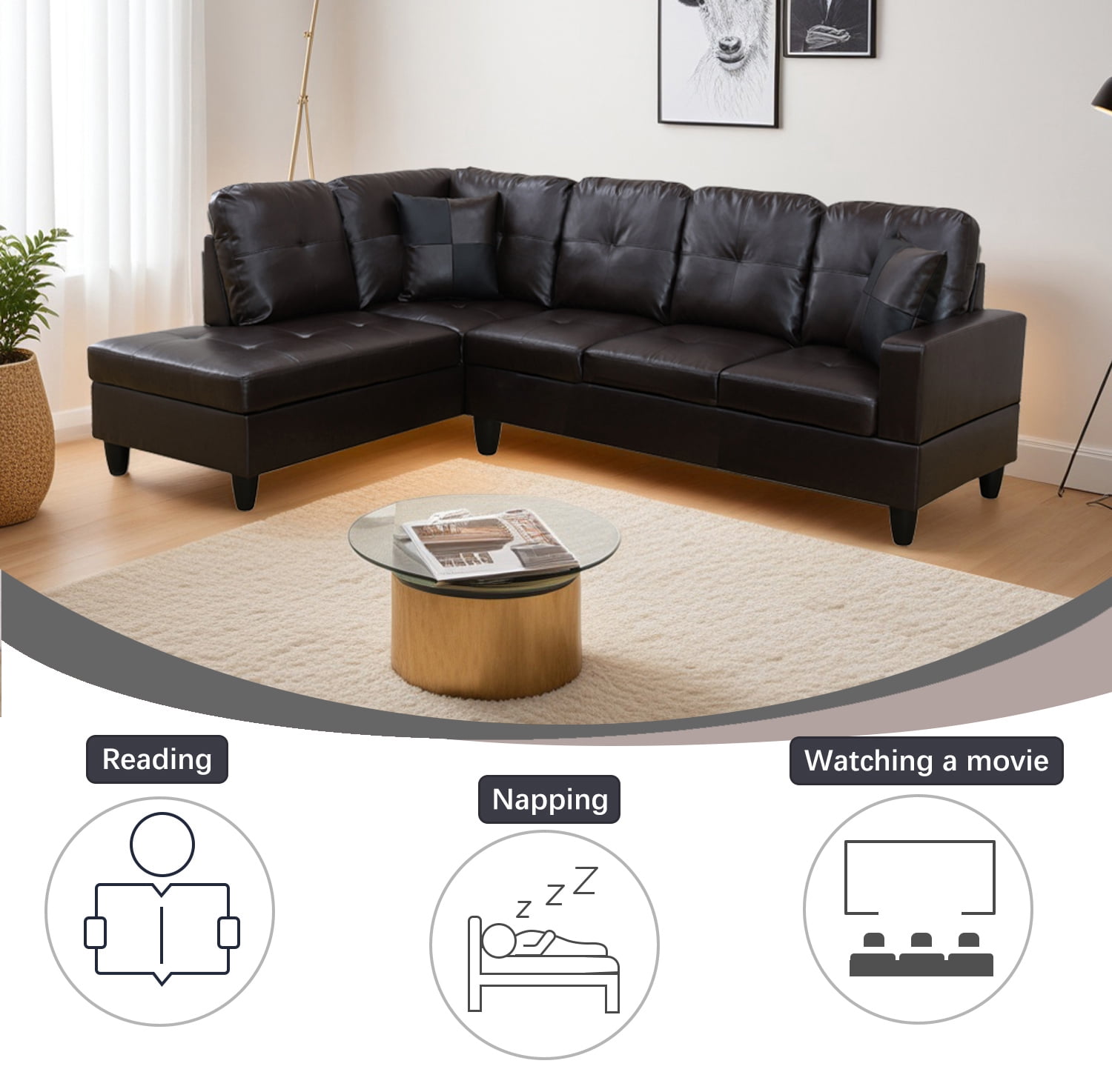 Wzlam Faux Leather 2 Piece Sofa Set with Chaise, L Shaped Sectional Couch Living Room Sofa for Bedrooms, Apartments and Offices, Brown (Facing Left Chaise)