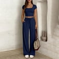 thumbnail image 6 of Women's Summer 2 Piece Matching Lounge Sets Short Sleeve Crop Tops Wide Leg Pants Airport Travel Outfits Navy L(L), 6 of 7