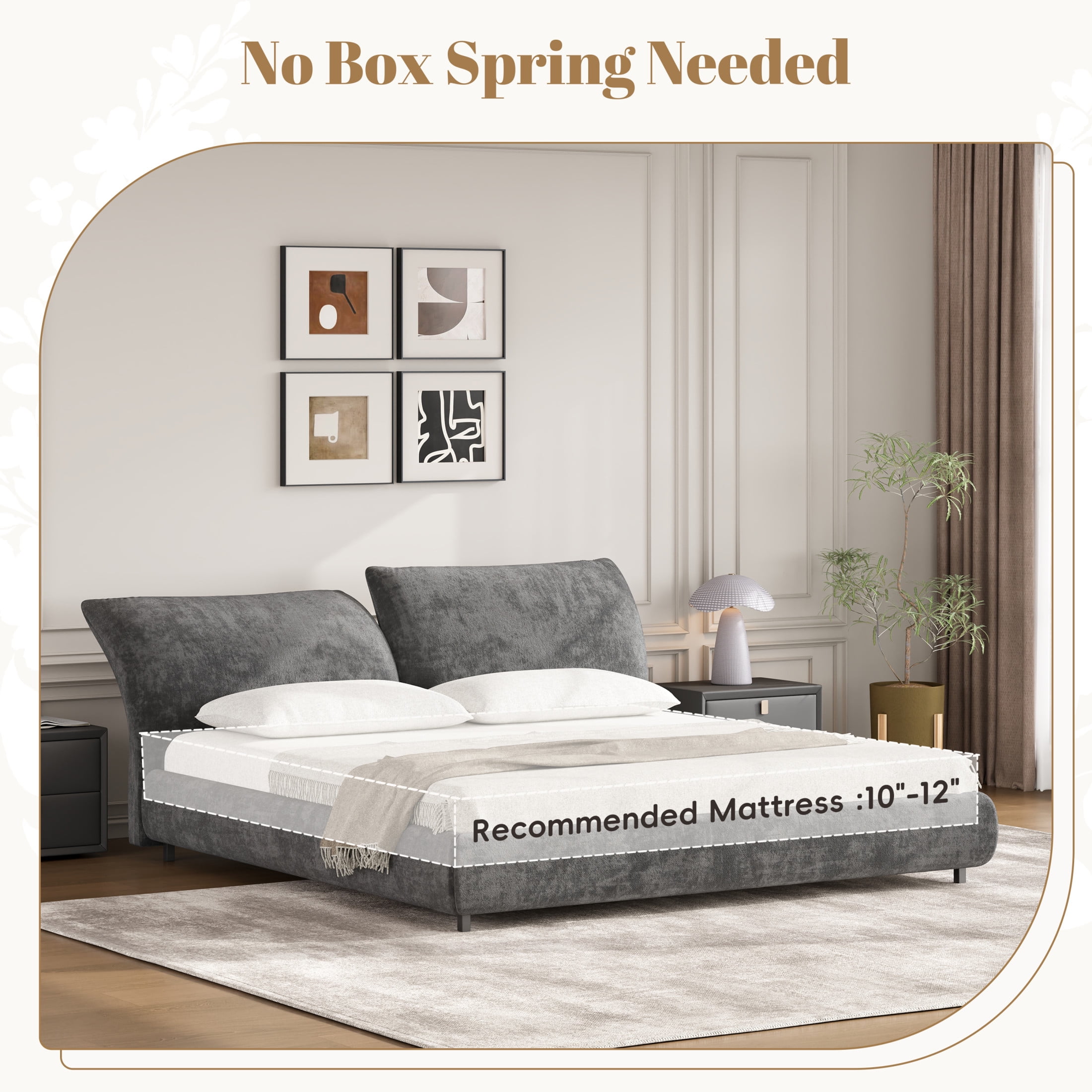 Christopher Knight Home Minimalist Upholstered King Bed Frame with Adjustable Cushions, Dark Grey