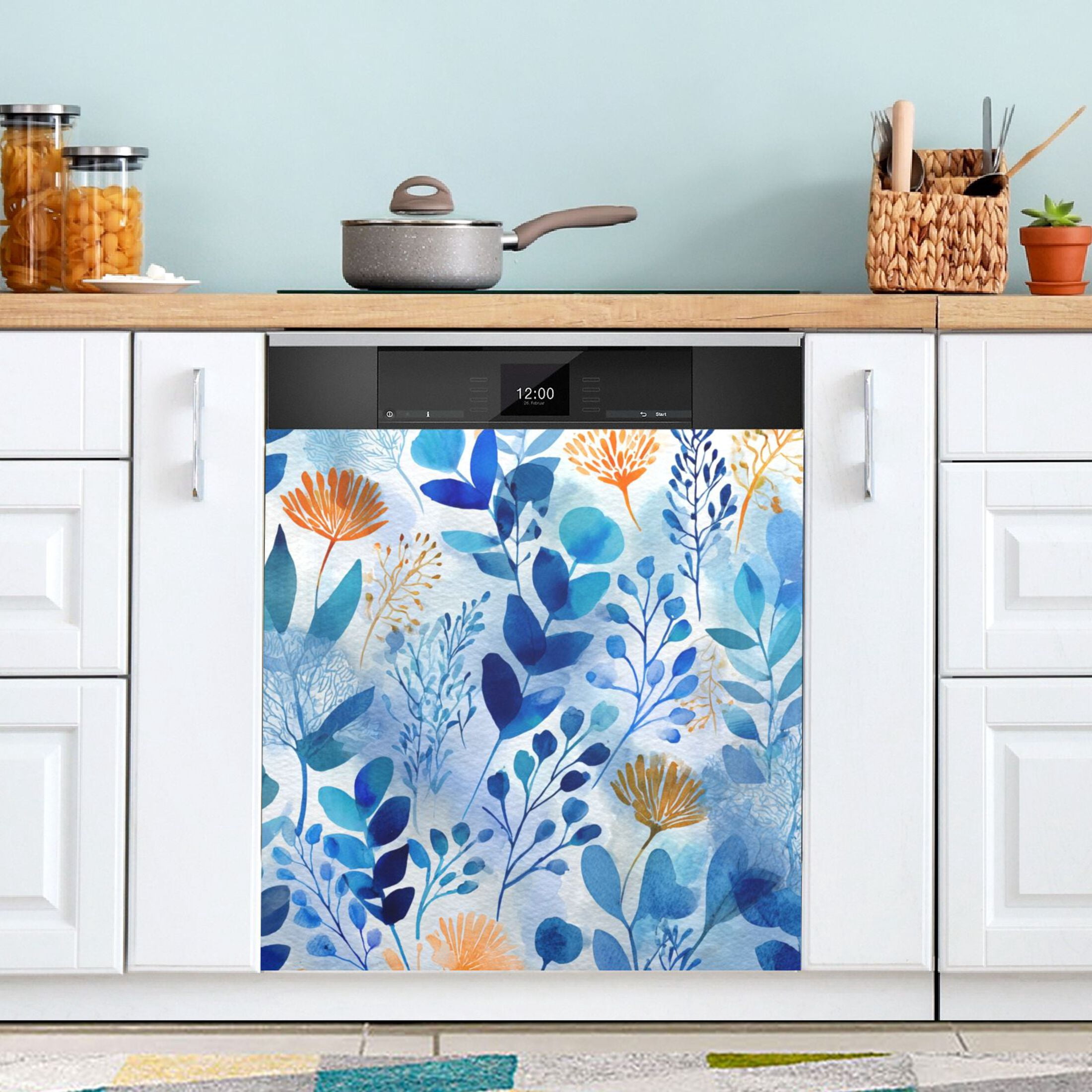 Dishwasher Magnetic Sticker 23x26 Inch Refrigerator Magnetic Sticker Washing Machine Magnetic Sticker Kitchen Panel Magnetic Sticker Home Decor Beautiful Watercolor Blue Leaves
