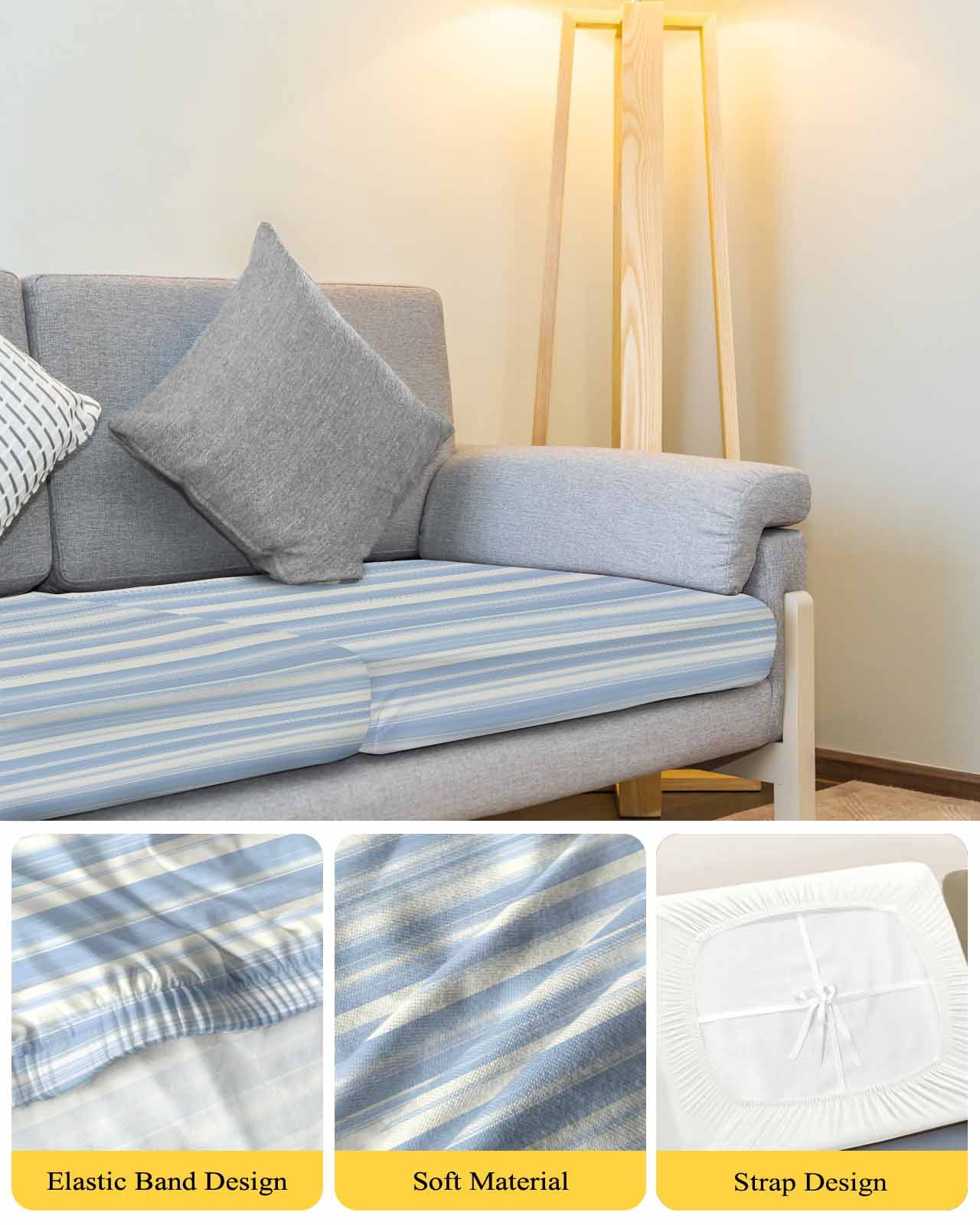 Blue Striped Couch Cushion Covers Stretch, Washable Sofa Seat Covers Individual Seat Cushion Sofa Slipcovers Farmhouse Stripe Modern Abstract Art Couch Cover Furniture Protector S-1PCS