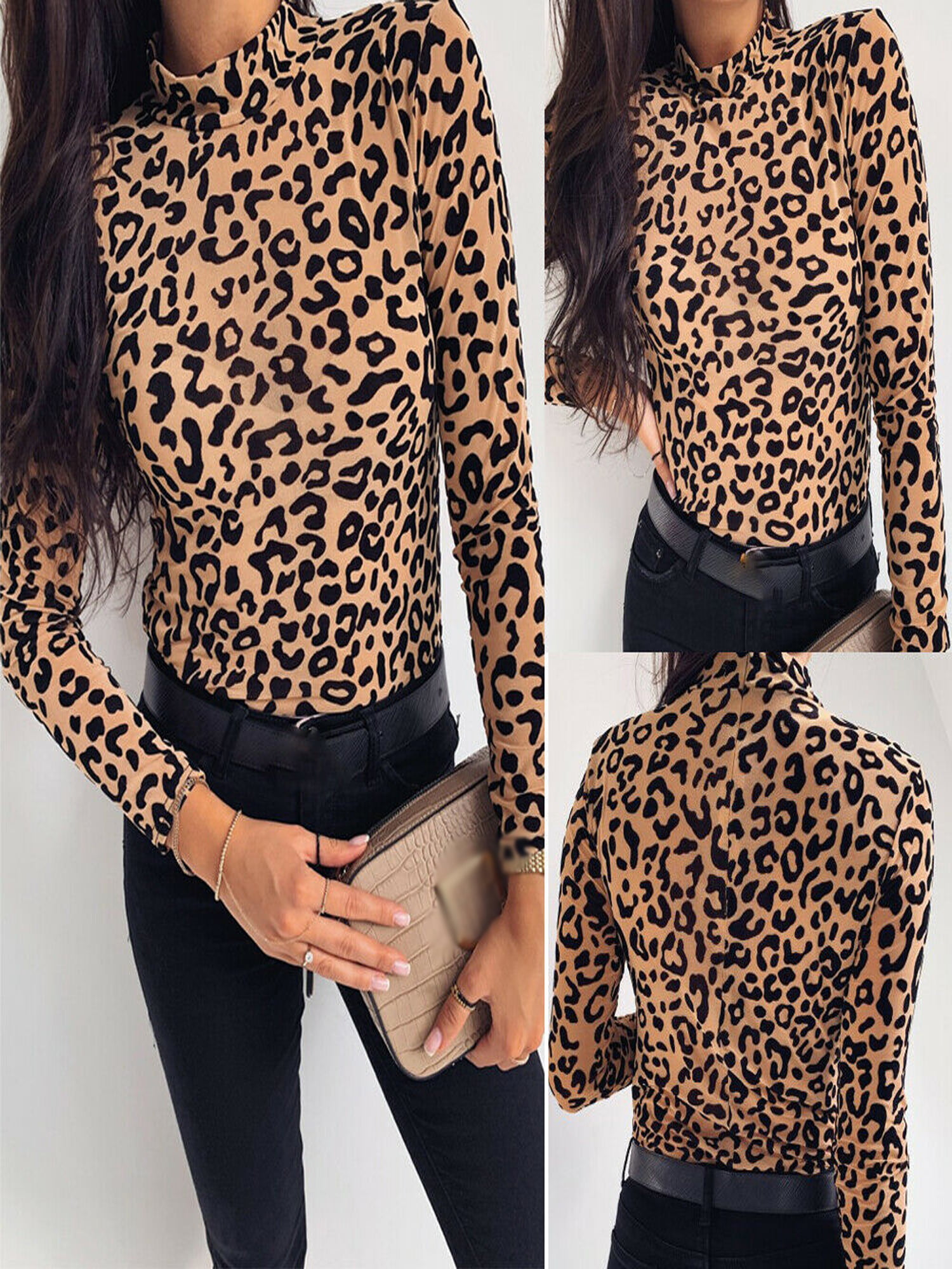 Nituyy Women Autumn Turtleneck Leopard Print Long Sleeve Casual Loose Tshirt Top Blouse