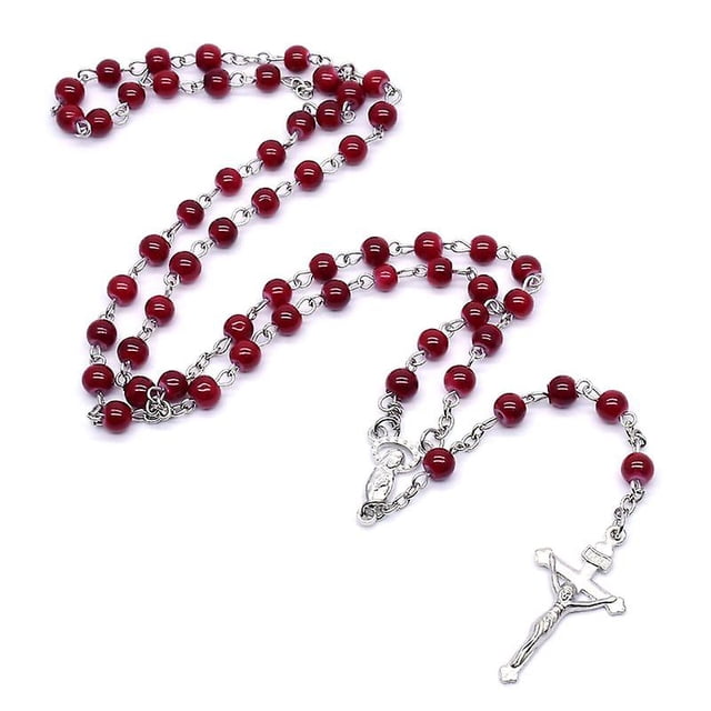 Colgante de cruz de Jesús con cuentas de vidrio de rosario de 6 mm