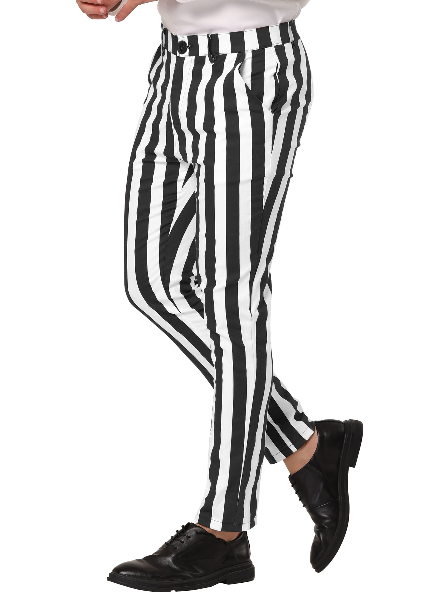 Unique Bargains Men's Striped Pants Business Skinny Fit Color Block Trousers 32 Black White