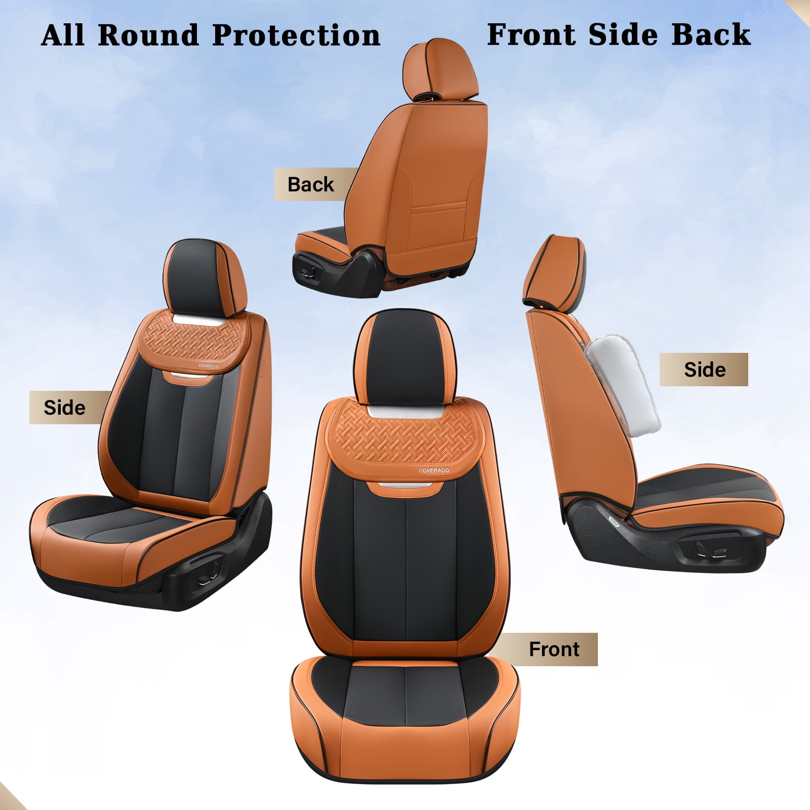 Coverado Car Seat Covers Full Set, Luxury Leather Front and Back Seat Protectors, Automotive Interior Cushions Universal Fit Most Cars, Black&Brown