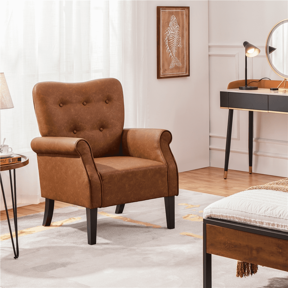 Alden Design Mid-century Faux Leather Accent Chair with Tufted High Back for Living Room, Retro Brown