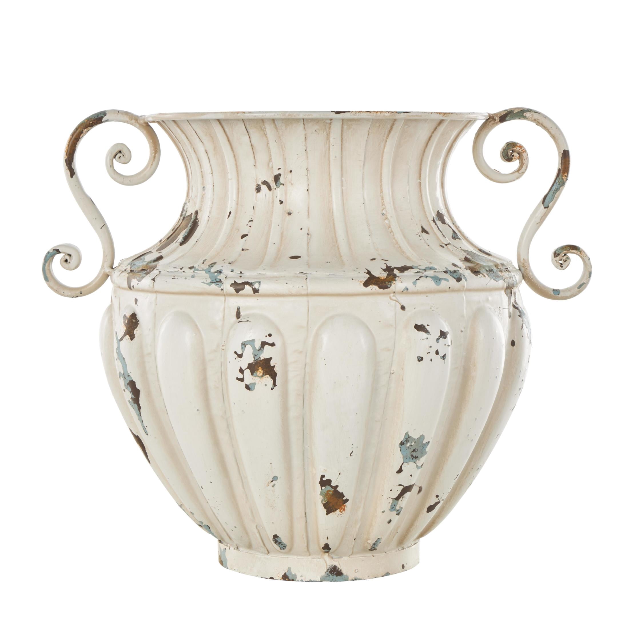 DecMode 10" Scroll Vintage Amphora Cream Metal Vase with Brown and Teal Distressing and Scroll Handles