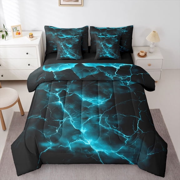 Homewish Glowing Lightning 7-Piece Twin Bedding,Contemporary Aesthetic Bedding Comforter Set,Black Reversible
