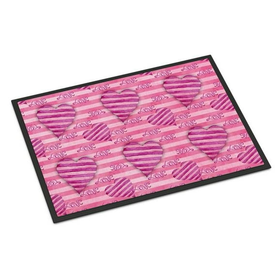 Watercolor Hot Pink Striped Hearts Indoor or Outdoor Mat - Pink - 24 x 36 in.