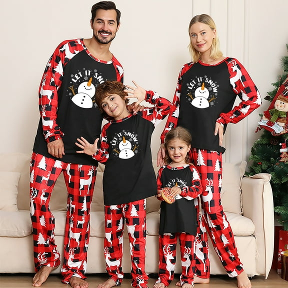 Snowman Family Christmas Pajamas Set, Plaid Matching Holiday Sleepwear Long Sleeve Tops & Pants Loungewear Black Red