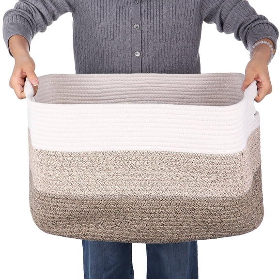 Extra Large Rectangle Blanket Basket, 22 x 16.9 x 12" Woven Cotton Rope Storage Basket, Woven Storage Bin with Handles, Soft Rope Organizer for Toys, Clothes, Living Room, Bedroom