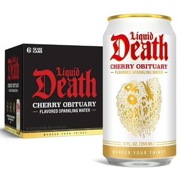Liquid Death, Cherry Obituary, Cherry-Flavored Sparkling Water, 6-Pack (12oz Cans), Low Calorie & No Artificial Sweeteners